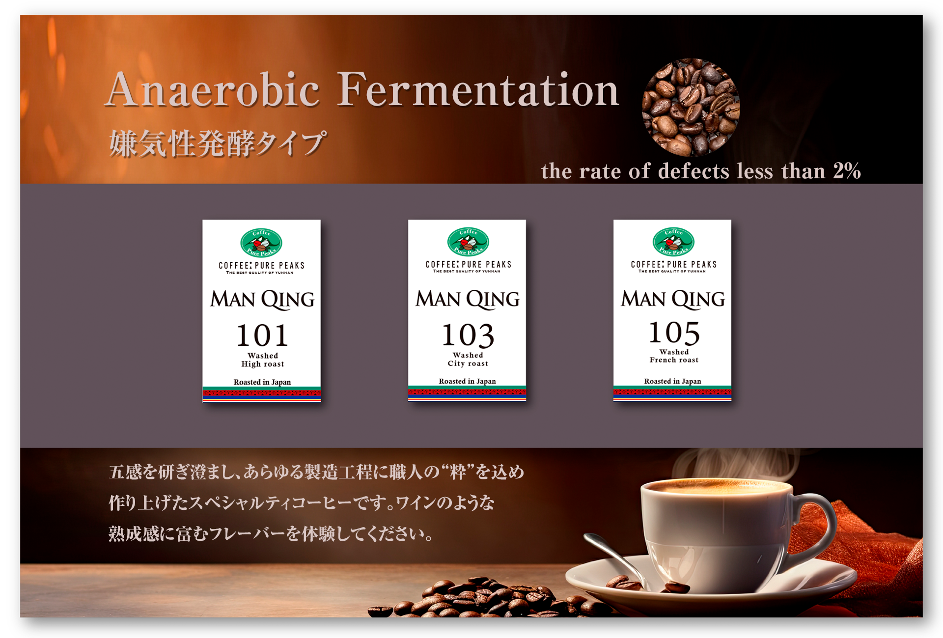 COFFEE : PURE PEAKS  スペシャルティコーヒー　Man QINGシリーズ　Anaerobic Fermentationのご案内バナー